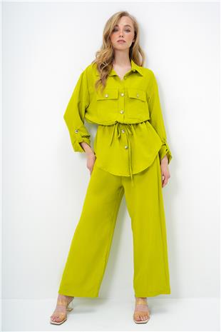 Kadın Yağ Yeşili Çift Cepli Safari Ceket Ve Beli Lastikli Wide Leg Aerobin Pantolonlu Takım YMX8448
