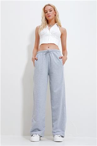 Kadın Gri Çift Cepli Yanları Biyeli Bol Paça Eşofman Altı ALC-X11984