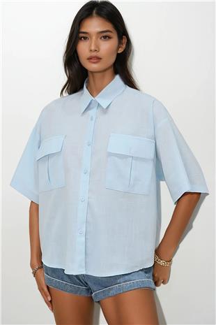 Kadın Bebe Mavi Çift Cepli Yarım Kol Keten Gömlek ALC-X9991