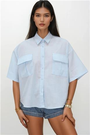 Kadın Bebe Mavi Çift Cepli Yarım Kol Keten Gömlek ALC-X9991