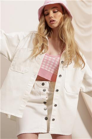 Kadın Ekru Çift Cepli Yıkamalı Oversize Denim Ceket ALC-X8152