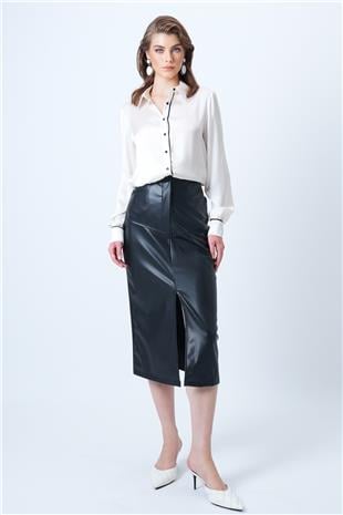 Kadın Siyah Çift Cepli Yırtmaçlı Midi Boy Suni Deri Etek VS01182