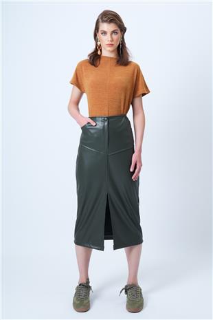 Kadın Haki Çift Cepli Yırtmaçlı Midi Boy Suni Deri Etek VS01182