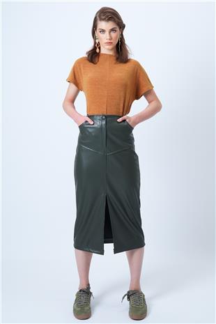 Kadın Haki Çift Cepli Yırtmaçlı Midi Boy Suni Deri Etek VS01182