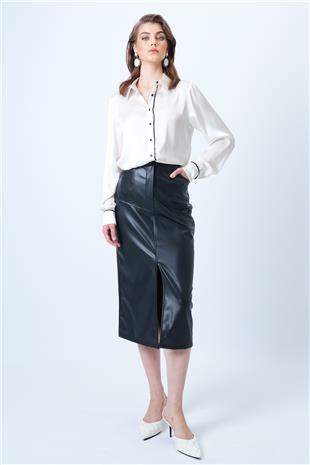 Kadın Siyah Çift Cepli Yırtmaçlı Midi Boy Suni Deri Etek VS01182