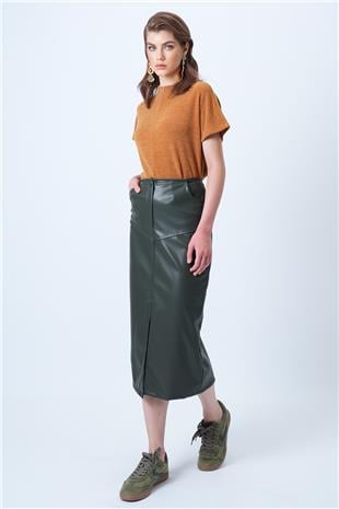 Kadın Haki Çift Cepli Yırtmaçlı Midi Boy Suni Deri Etek VS01182