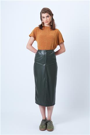 Kadın Haki Çift Cepli Yırtmaçlı Midi Boy Suni Deri Etek VS01182