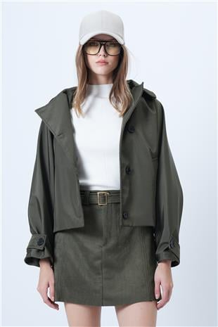 Kadın Haki Çift Ceplidüğme Kapamalı Kısa Trençkot VS01307