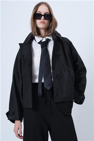 Kadın Siyah Çift Ceplidüğme Kapamalı Kısa Trençkot VS01307