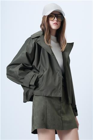 Kadın Haki Çift Ceplidüğme Kapamalı Kısa Trençkot VS01307