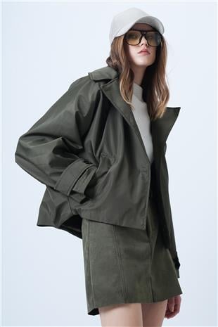 Kadın Haki Çift Ceplidüğme Kapamalı Kısa Trençkot VS01307