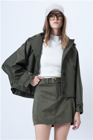 Kadın Haki Çift Ceplidüğme Kapamalı Kısa Trençkot VS01307