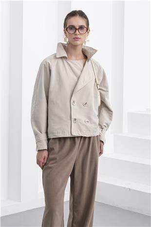 Kadın Taş Çift Ddüğmeli Kruvaze Yaka Kısa Trençkot VS01233