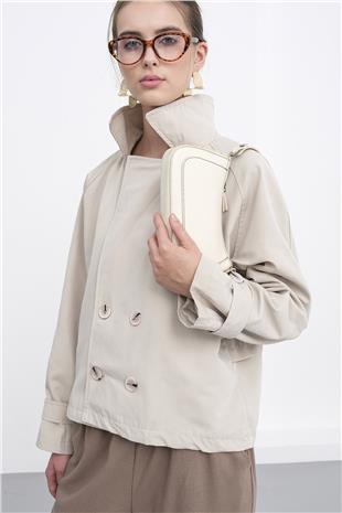 Kadın Taş Çift Ddüğmeli Kruvaze Yaka Kısa Trençkot VS01233