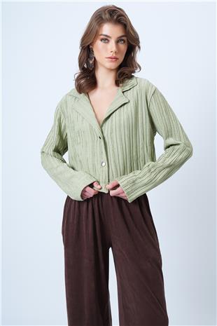 Kadın Yeşil Çift Düğmeli Derin V Yaka Bürümcük Gömlek VS01180