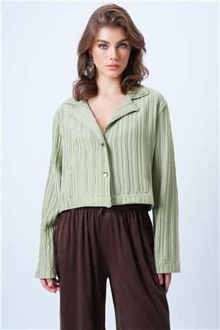 Kadın Yeşil Çift Düğmeli Derin V Yaka Bürümcük Gömlek VS01180
