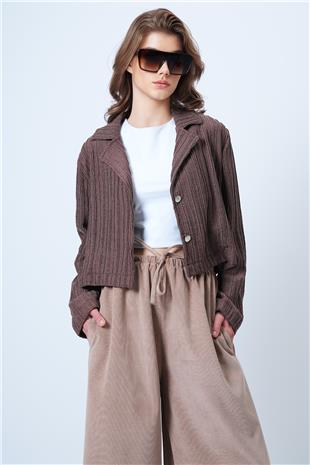 Kadın Kahverengi Çift Düğmeli Derin V Yaka Bürümcük Gömlek VS01180