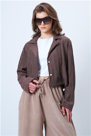 Kadın Kahverengi Çift Düğmeli Derin V Yaka Bürümcük Gömlek VS01180