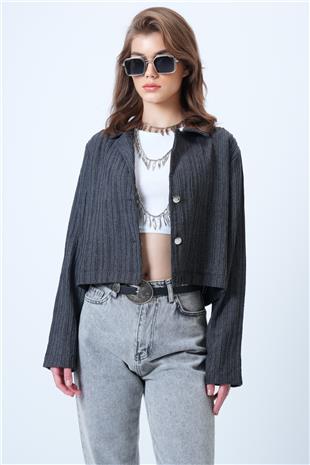 Kadın Antrasit Çift Düğmeli Derin V Yaka Bürümcük Gömlek VS01180