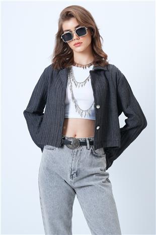 Kadın Antrasit Çift Düğmeli Derin V Yaka Bürümcük Gömlek VS01180