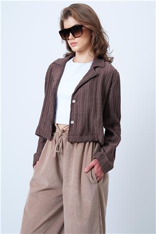 Kadın Kahverengi Çift Düğmeli Derin V Yaka Bürümcük Gömlek VS01180