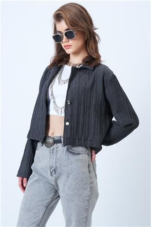 Kadın Antrasit Çift Düğmeli Derin V Yaka Bürümcük Gömlek VS01180