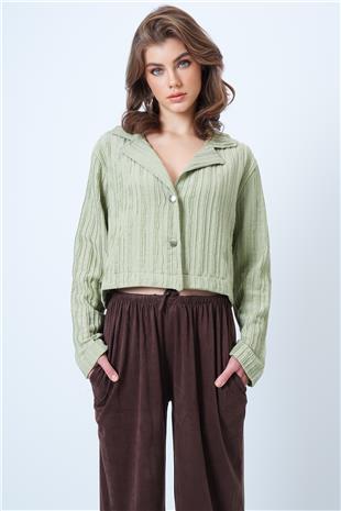 Kadın Yeşil Çift Düğmeli Derin V Yaka Bürümcük Gömlek VS01180