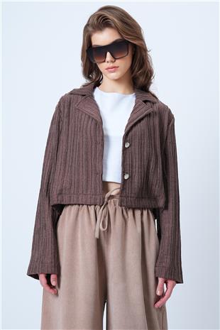 Kadın Kahverengi Çift Düğmeli Derin V Yaka Bürümcük Gömlek VS01180