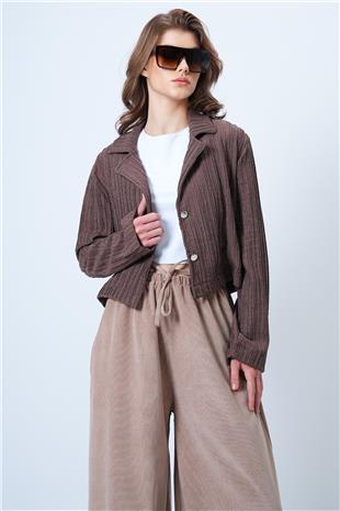 Kadın Kahverengi Çift Düğmeli Derin V Yaka Bürümcük Gömlek VS01180