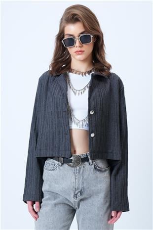 Kadın Antrasit Çift Düğmeli Derin V Yaka Bürümcük Gömlek VS01180