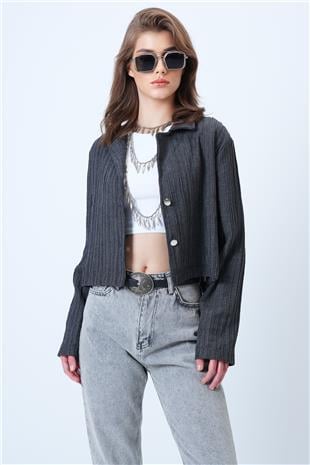 Kadın Antrasit Çift Düğmeli Derin V Yaka Bürümcük Gömlek VS01180