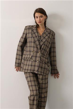 Kadın Bej-Kahve Çift Düğmeli Ekose Desenli Oversize Blazer Ceket VS01147