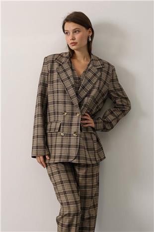 Kadın Bej-Kahve Çift Düğmeli Ekose Desenli Oversize Blazer Ceket VS01147