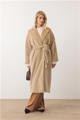 Kadın Bej Çift Düğmeli Yumuşak Dokulu Kaşe Kaban VS00949