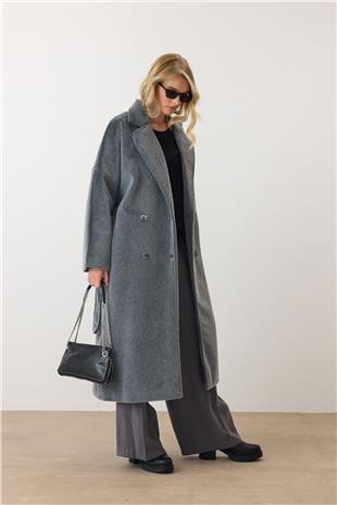 Kadın Gri Çift Düğmeli Yumuşak Dokulu Kaşe Kaban VS00949