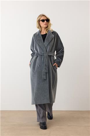 Kadın Gri Çift Düğmeli Yumuşak Dokulu Kaşe Kaban VS00949