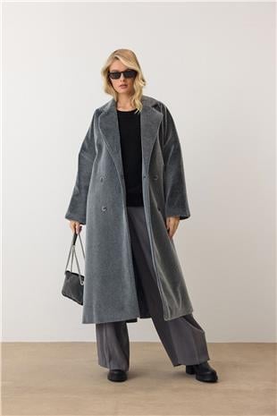 Kadın Gri Çift Düğmeli Yumuşak Dokulu Kaşe Kaban VS00949