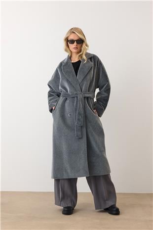 Kadın Gri Çift Düğmeli Yumuşak Dokulu Kaşe Kaban VS00949