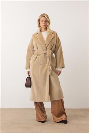 Kadın Bej Çift Düğmeli Yumuşak Dokulu Kaşe Kaban VS00949