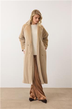 Kadın Bej Çift Düğmeli Yumuşak Dokulu Kaşe Kaban VS00949