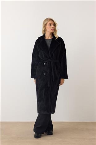 Kadın Siyah Çift Düğmeli Yumuşak Dokulu Kaşe Kaban VS00949