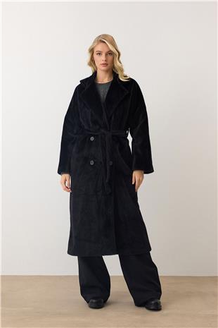 Kadın Siyah Çift Düğmeli Yumuşak Dokulu Kaşe Kaban VS00949