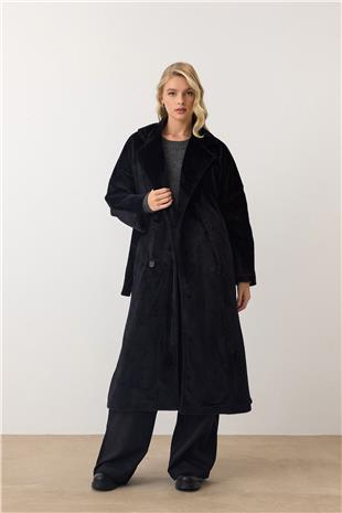 Kadın Siyah Çift Düğmeli Yumuşak Dokulu Kaşe Kaban VS00949