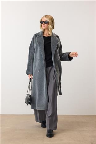 Kadın Gri Çift Düğmeli Yumuşak Dokulu Kaşe Kaban VS00949