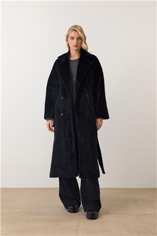 Kadın Siyah Çift Düğmeli Yumuşak Dokulu Kaşe Kaban VS00949