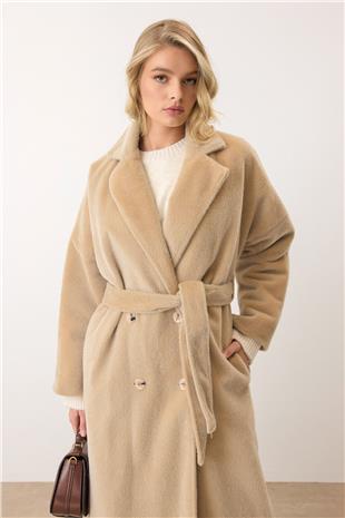 Kadın Bej Çift Düğmeli Yumuşak Dokulu Kaşe Kaban VS00949