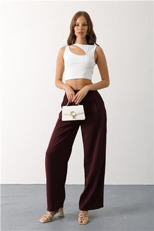 Kadın Bordo Çift Pileli Palazzo Pantolon VS00650