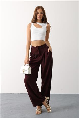 Kadın Bordo Çift Pileli Palazzo Pantolon VS00650