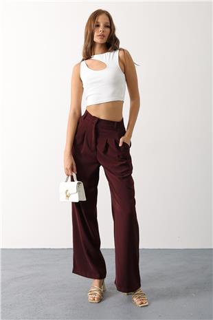 Kadın Bordo Çift Pileli Palazzo Pantolon VS00650
