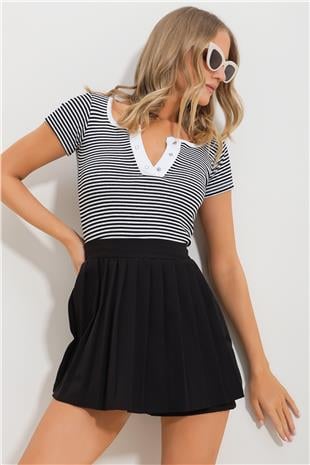 Kadın Beyaz Çıt Çıt Kapamalı Çizgili Crop Örme Bluz ALC-X11552